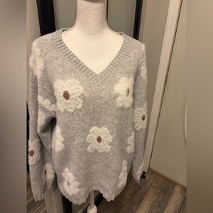 New With Tags…Boutique…V Neck Gray & White Flower Sweater…Size Medium